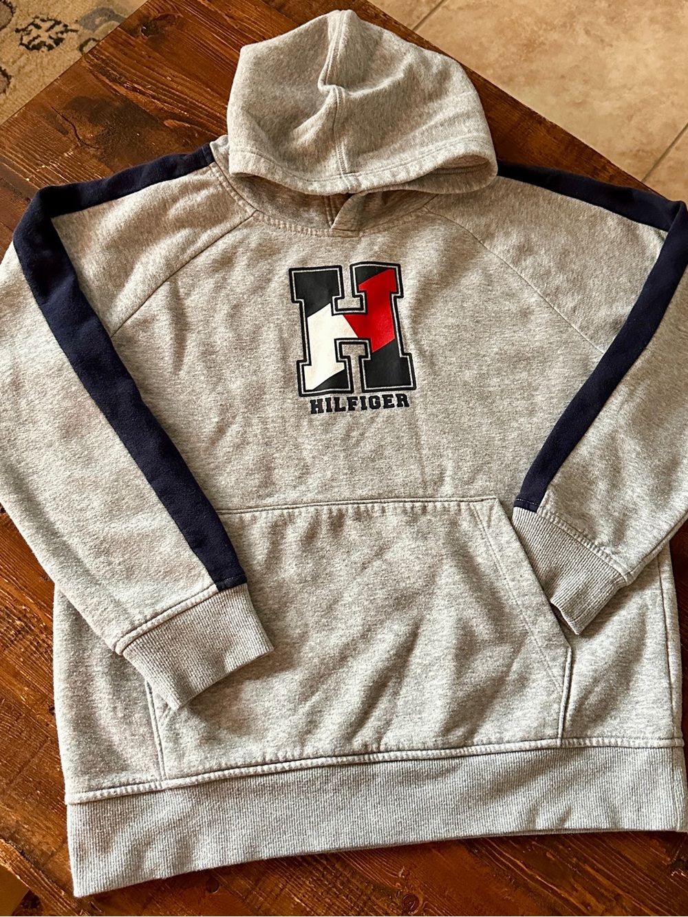 Boy Tommy Hilfiger Light Gray Hoodie with Navy, Red & White Trim